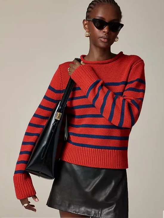 J. Crew Sweaters - J.Crew Red Navy Stripe Rollneck Cotton Sweater Cropped Knit Size M